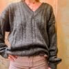 vintage knitted blouse with V neck in green grey color