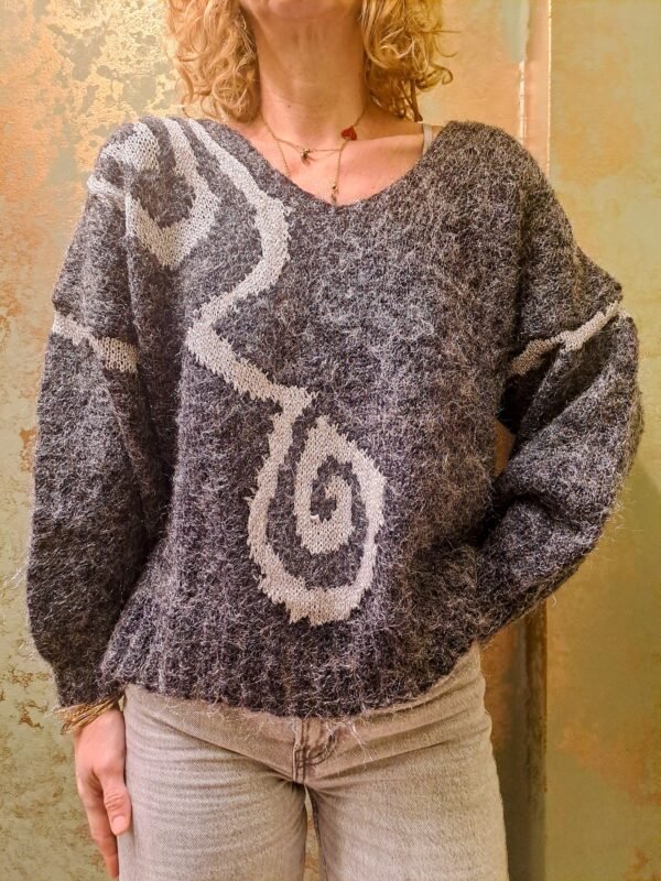 vintage knitted blouse with metallic fibres (grey, silver), V neck
