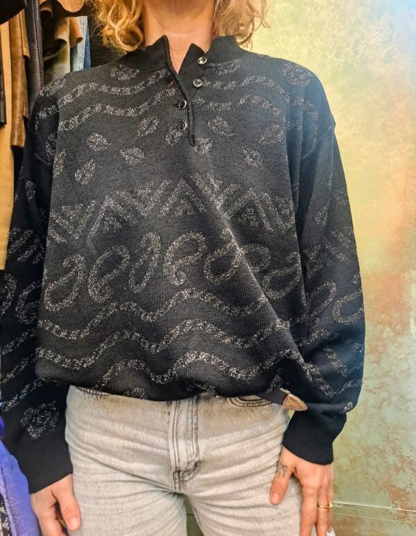 vintage black knitted blouse with metalic fibres desing, turtle neck buttoned