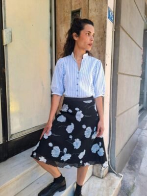 90s vintage black floral skirt, knee length(black,grey,white)