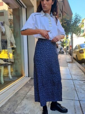 vintage blue floral maxi pencil skirt(blue,light blue,light grey)