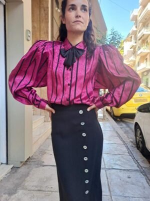 vintage fuschia and black stripped shirt with decorative bow, fully padded, puffy shoulders
