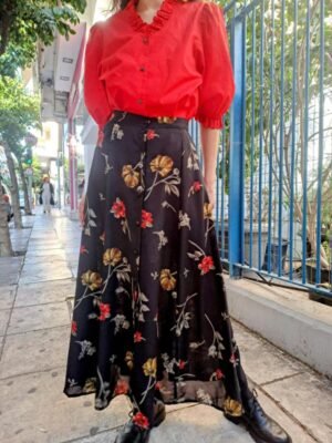 90's vintage black maxi floral flare skirt