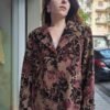 vintage wool blend fishbone light brown blazer with black and burgundy velvet applique