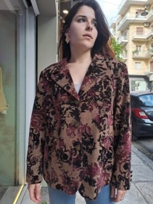 vintage wool blend fishbone light brown blazer with black and burgundy velvet applique