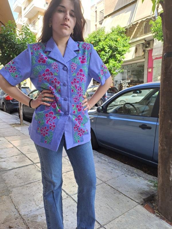 vintage lilac blazer with floral cross stich on the front part and the sleeves - Image 3
