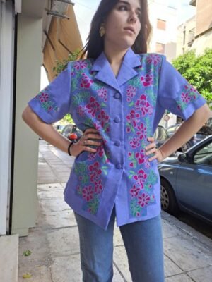 vintage lilac blazer with floral cross stich on the front part and the sleeves