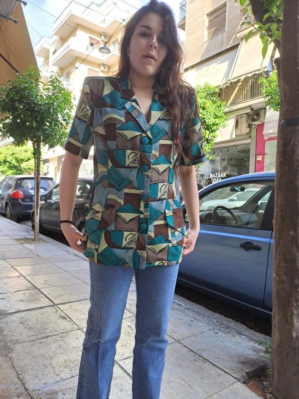 vintage linen crazy patterned blazer(brown,green,light blue,khaki)