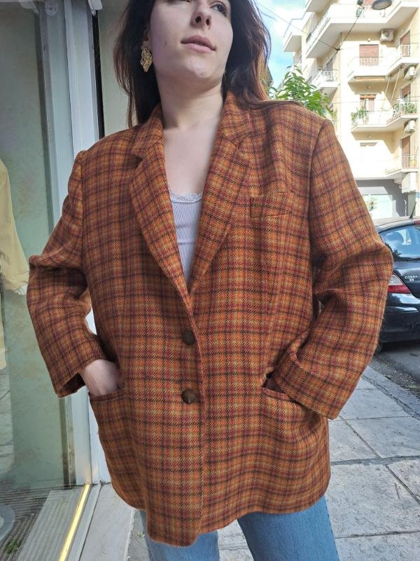 vintage pure wool plaid blazer(orange,khaki,lime,red)