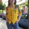 vintage yellow cropped waisted blazer with puffy shoulders and sheer sleeves