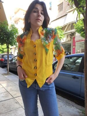vintage yellow cropped waisted blazer with puffy shoulders and sheer sleeves