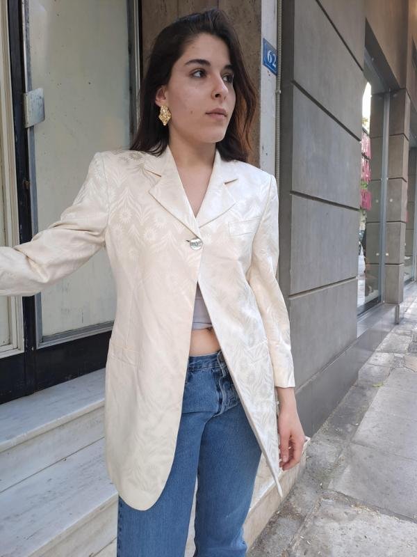 vintage silk creamy floral embossed long blazer - Image 2