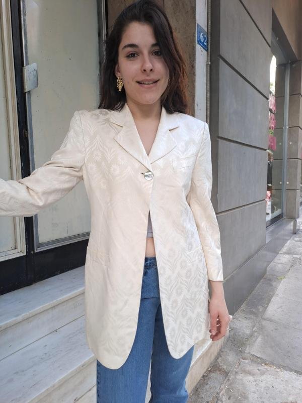 vintage silk creamy floral embossed long blazer - Image 3