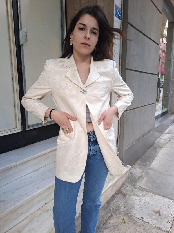 vintage silk creamy floral embossed long blazer - Image 4
