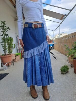 vintage maxi denim skirt with frills, lace and buttons