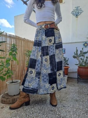 90's vintage maxi patterned skirt buttoned(light grey, black,beige)