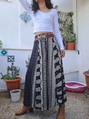 90's vintage black patterned buttoned maxi skirt