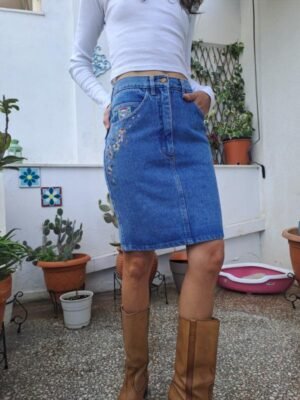 vintage denim mini skirt with floral painting detail on right pocket