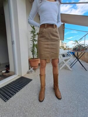 vintage mini denim skirt in olive brown also with flat embroidery satin stitsh design on pockets