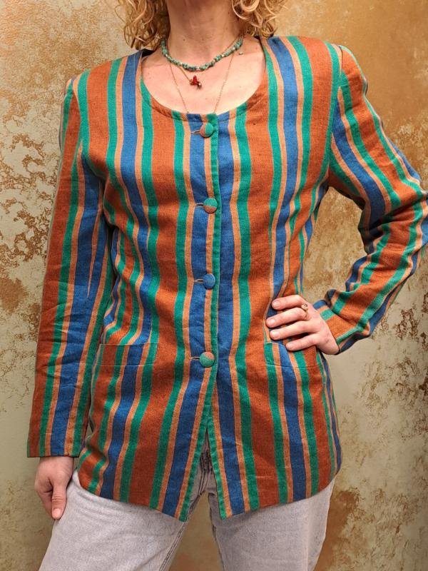 vintage stripped linen colarless waisted blazer (copper,terracotta, blue,green) - Image 2