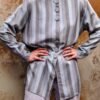 vintage stripped long colarless blazer in minty color (mint,light grey, grey)