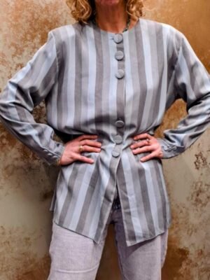 vintage stripped long colarless blazer in minty color (mint,light grey, grey)