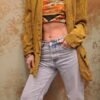 vintage stripped crakled fabric viscose blend blazer in golden yellow