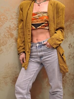 vintage stripped crakled fabric viscose blend blazer in golden yellow