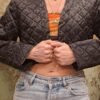 vintage kapitonne short shiny black buttonless blazer