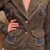 vintage cotton army green blazer with denim details and golden stitches