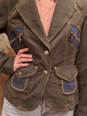 vintage cotton army green blazer with denim details and golden stitches