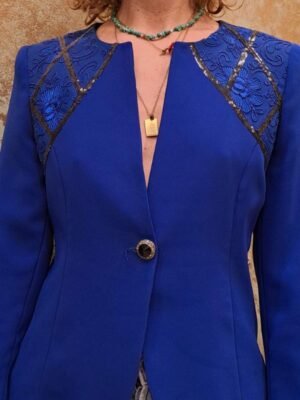 vintage royal blue waisted blazer with embroidery and sequin details