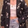vintage black floral blazer with stitched flowers & butterflies