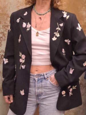 vintage black floral blazer with stitched flowers & butterflies