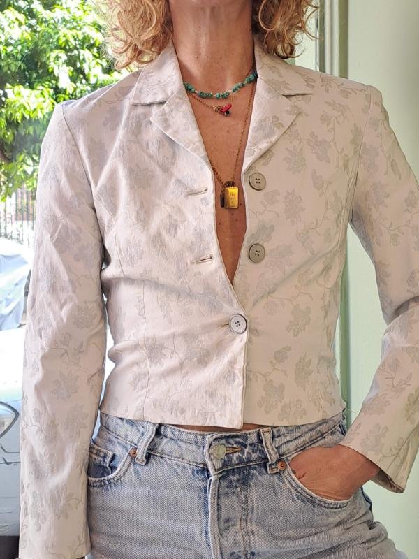 vintage cropped floral embossed blazer ice white and silver flowers