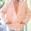 vintage cotton blend V neck colarless blazer in pastel pink