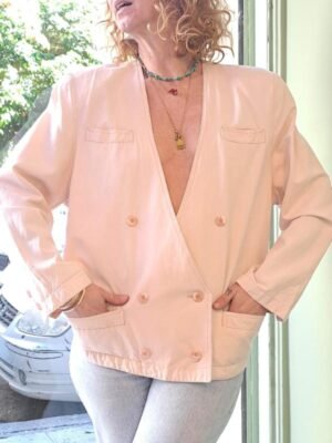 vintage cotton blend V neck colarless blazer in pastel pink