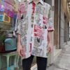 vintage unisex/men crazy patterned shirt (off white, red,red,grey,green)