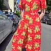 vintage maxi red dress with sun flowers buttoned up