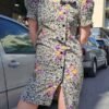 vintage floral straight line dress with puffy shoulders (khaki, ochre, fuschia)