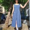 90's vintage maxi plaid dress (grey blue, dark blue)