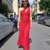 vintage red maxi dress lightly pleated one shoulder and lace bustier
