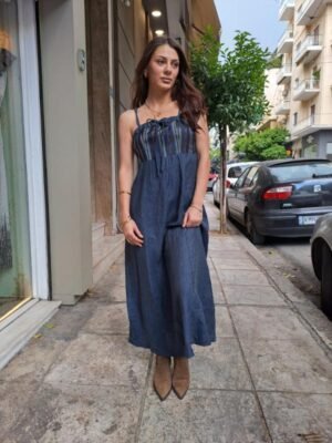 vintage long linen empire line dress in grey-blue color