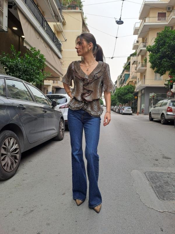 vintage animal print blouse with frills and subtly goldish - Image 2
