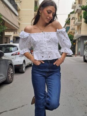 vintage romantic off shoulders white blouse/shirt with cutouts and whitework emboidery, puffy sleeves