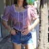 vintage tyrolean top/blouse with strap at the back(burgundy,grey)