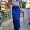 vinage satin blue maxi skirt japanese style with side slits