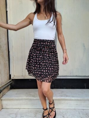 vintage mini black floral skirt with pleated basque