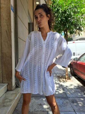 vintage long white cotton shirt with whitework embroidery