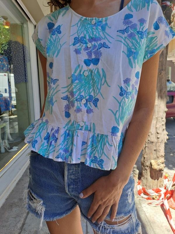 vintage cotton white shirt with butterflies - Image 2